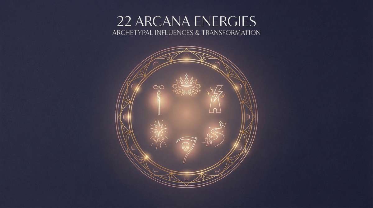 Alt text: Modern minimalist mandala arrangement of archetypal tarot symbols floating in sacred space—abstract representations of The Magician, The Empress, The Tower, The Star, Death, and The Fool arranged in circular harmony with delicate golden lines on deep indigo background