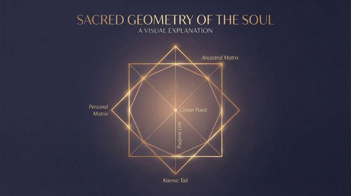 Alt text: Sacred geometry diagram showing two overlapping squares—one diagonal (Personal Matrix) and one upright (Ancestral Matrix)—intersecting to form the octagonal Destiny Matrix structure with labeled key zones including Center Point, Karmic Tail, and Purpose Line