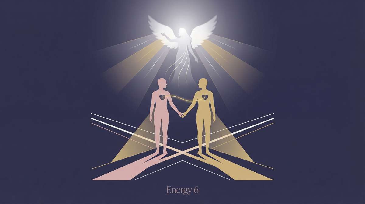 Alt text: The Lovers archetype visualization - two sovereign figures standing at a crossroads facing each other with maintained individual space, connected by a golden thread of light between their hearts, blessed by ethereal angelic presence above, geometric paths diverging between them symbolizing choice and direction, rendered in deep indigo, soft rose quartz, gold, and white light with clean symmetrical lines