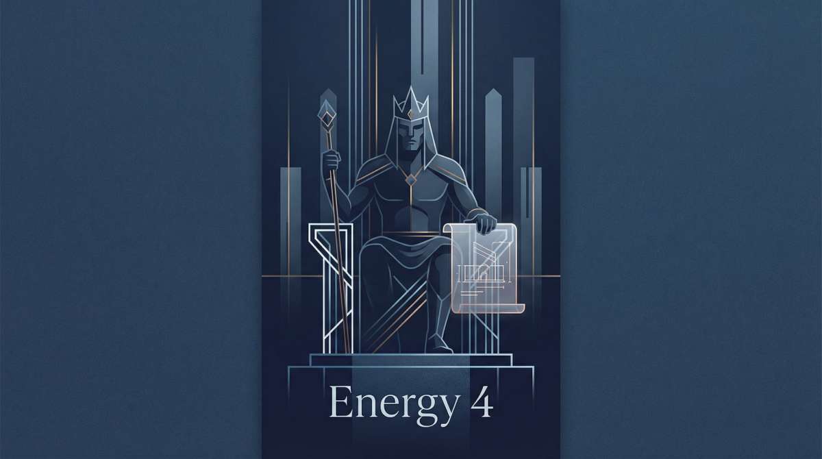 皇帝原型视觉化——一个发号施令的人物坐在几何宝座上,手持权威的权杖,一只手下是建筑蓝图,身后是代表结构和稳定的坚固垂直柱子,头戴象征主权的有角符号,呈板岩灰、钢蓝和锐利的金色,线条清晰的几何形状