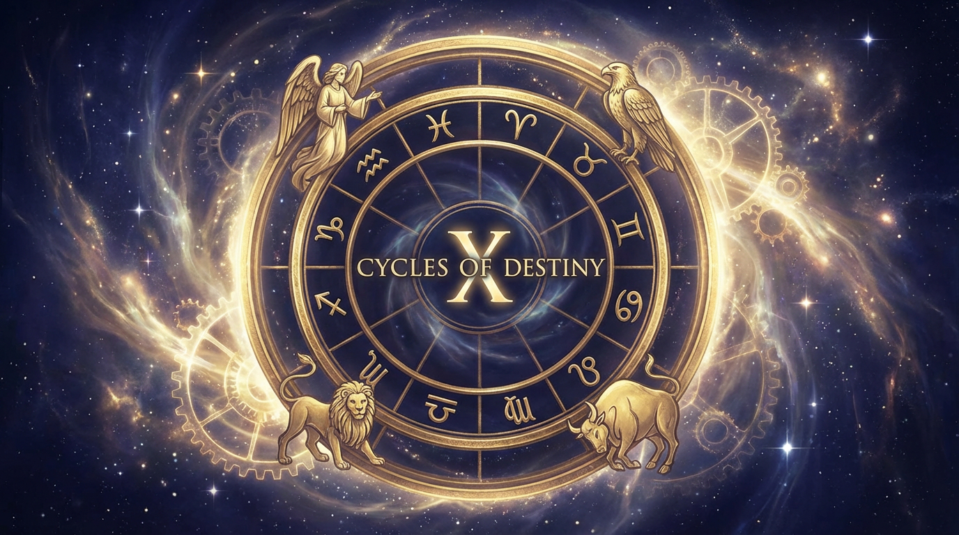 Alt text: Energy 10 Wheel of Fortune archetype visualization - a golden celestial wheel turning amidst cosmic clouds and stars, representing the rhythmic cycles of life, destiny, and synchronicity, rendered in deep indigo, radiant gold, and ethereal light