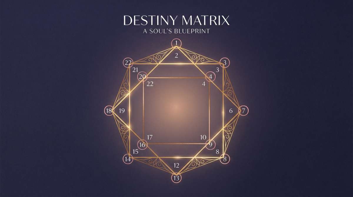 Alt text: A mystical octagonal Destiny Matrix chart rendered in sacred geometry with minimalist modern aesthetics—two overlapping squares creating an elegant geometric structure, numbered points glowing softly in deep indigo and gold tones