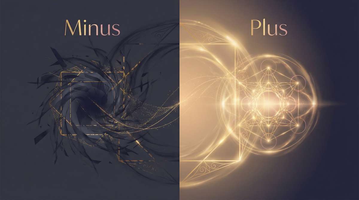 Alt text: Conceptual split composition showing energy transformation from Minus to Plus state—left side depicts shadowy fragmented patterns while right side shows luminous integrated energy, connected by delicate flowing particles moving from darkness to light
