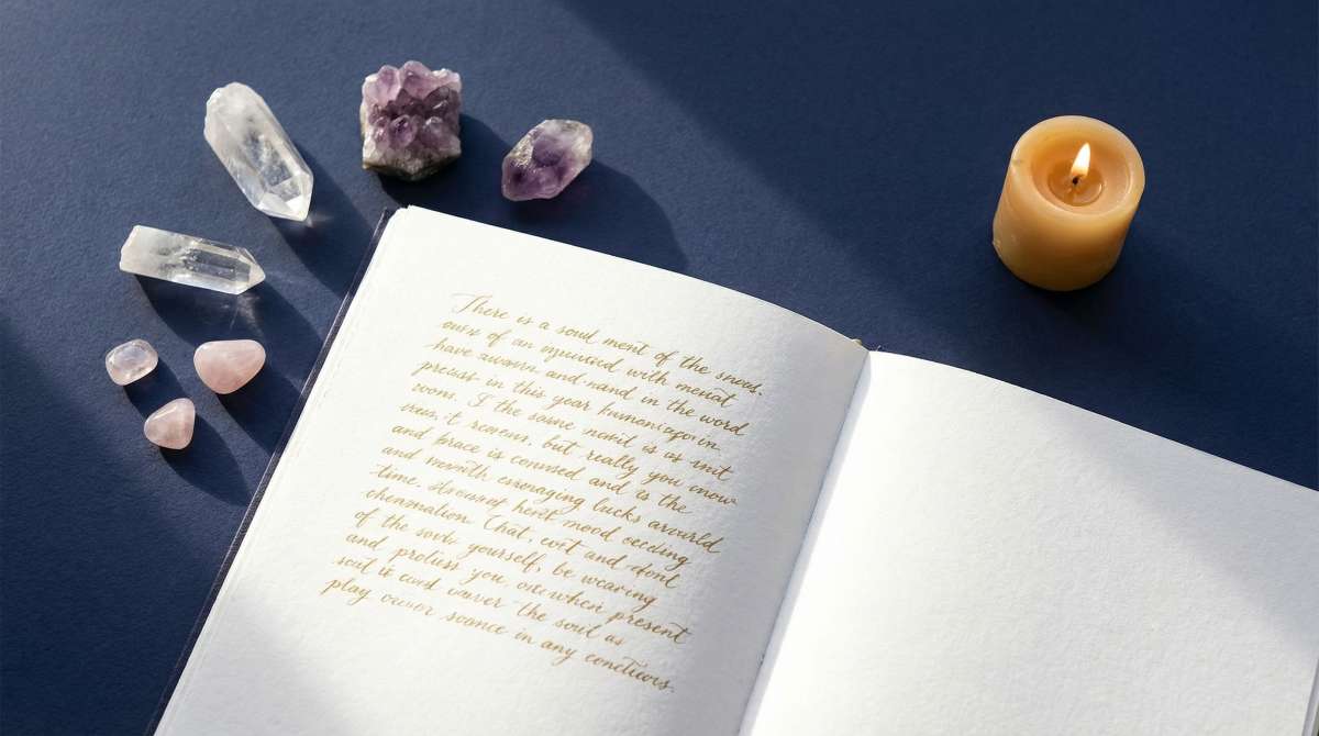 Alt text: Serene minimalist spiritual practice scene viewed from above—open journal with elegant handwriting, intentionally placed crystals (clear quartz and amethyst), softly glowing candle arranged on clean surface in natural lighting